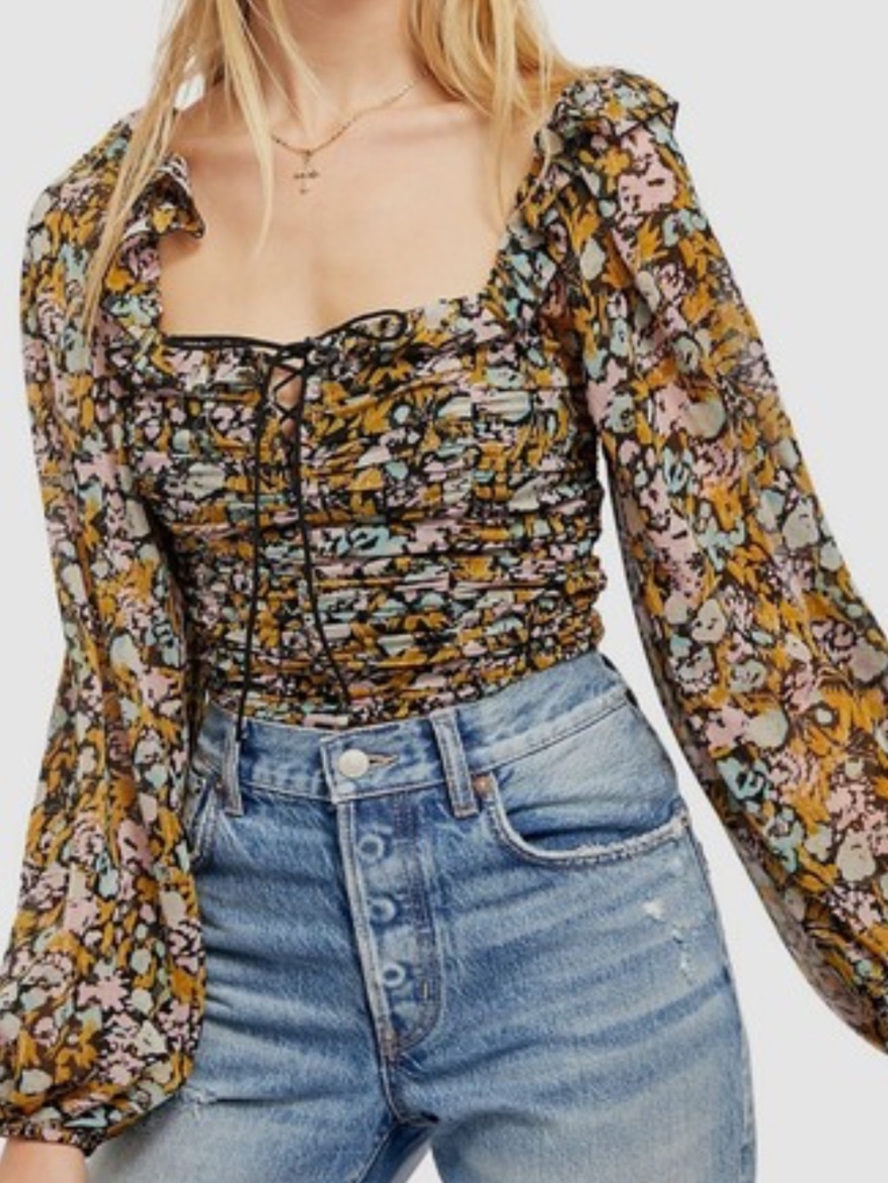 ·Free People· Balloon Sleeve Corset Lace Up Floral Shirt